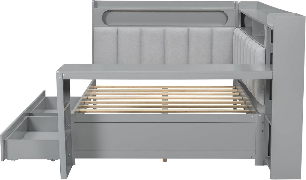SOFTSEA Full Size Corner Bed with Desk, Drawers, L-Shaped Daybed with LED Lights, USB Ports & Upholstered Headboard, Full Corner Daybed Frame with Desk for Kids Teens, Gray