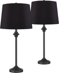 360 Lighting Lynn Modern Industrial Buffet Table Lamps 26' Tall Skinny Set of 2 Dark Bronze Brown Metal Black Faux Silk Drum Shade for Living Room House Home Dining Office Entryway Family Decor