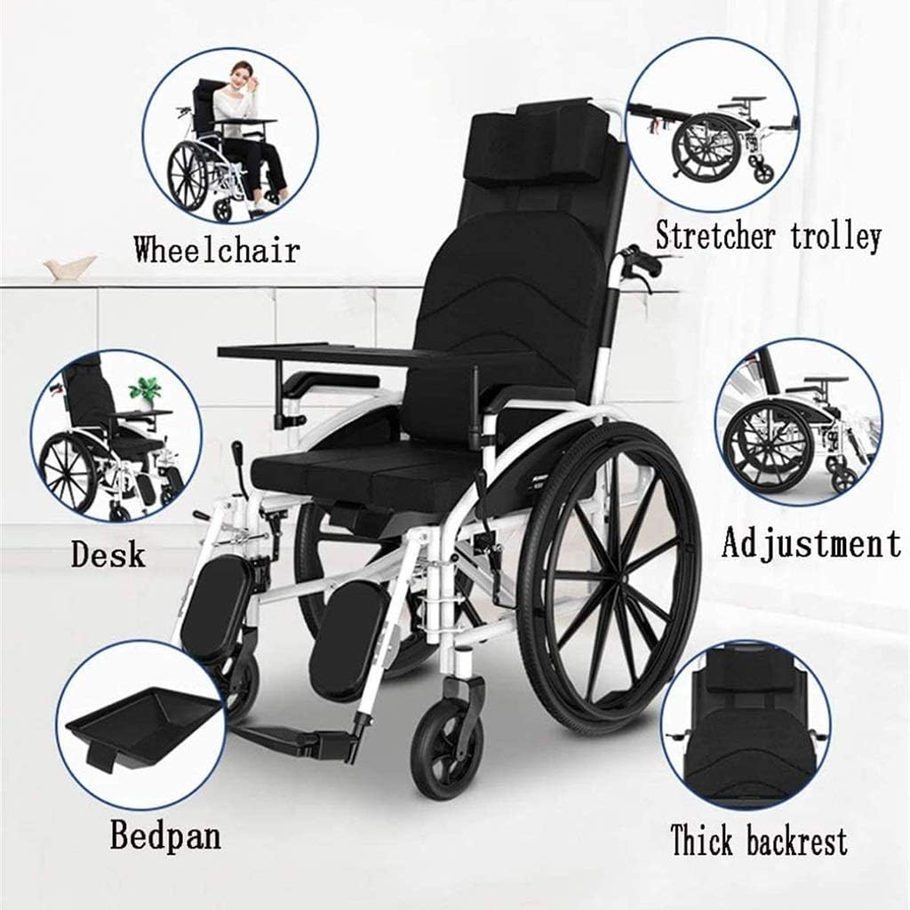 Wheelchair High-Back, Foldable Self-Propelled Lying Down Steel with Meal Board and Removable Toilet Non-Pneumatic Tire Disabled/Elderly Manual Scooter,Portable