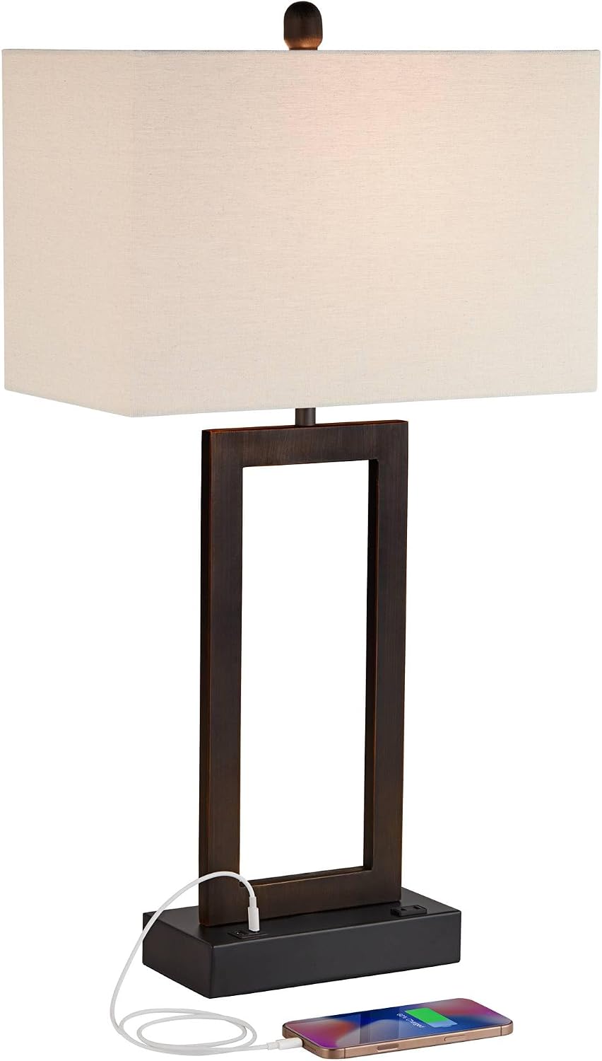 360 Lighting Todd Modern Table Lamps Set of 2 with USB and AC Power Outlet in Base 30' Tall Bronze Metal Oatmeal Fabric Rectangular Shade for Bedroom Living Room Bedside Nightstand House