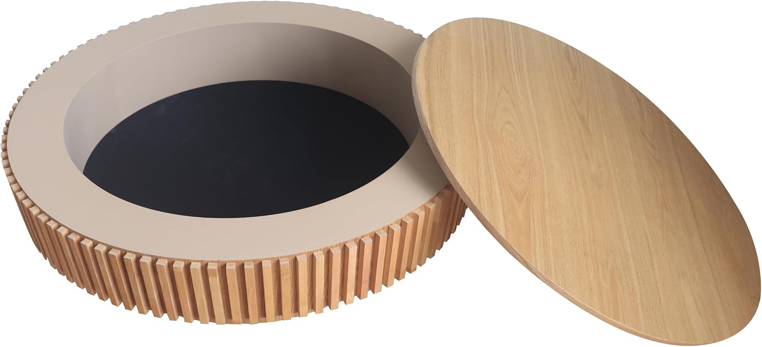 39.37'' Round Coffee Table Modern Wood Circle Fluted Drum Pedestal Coffee Table with Storage Space for Living Room, Easy Assembly, Wood
