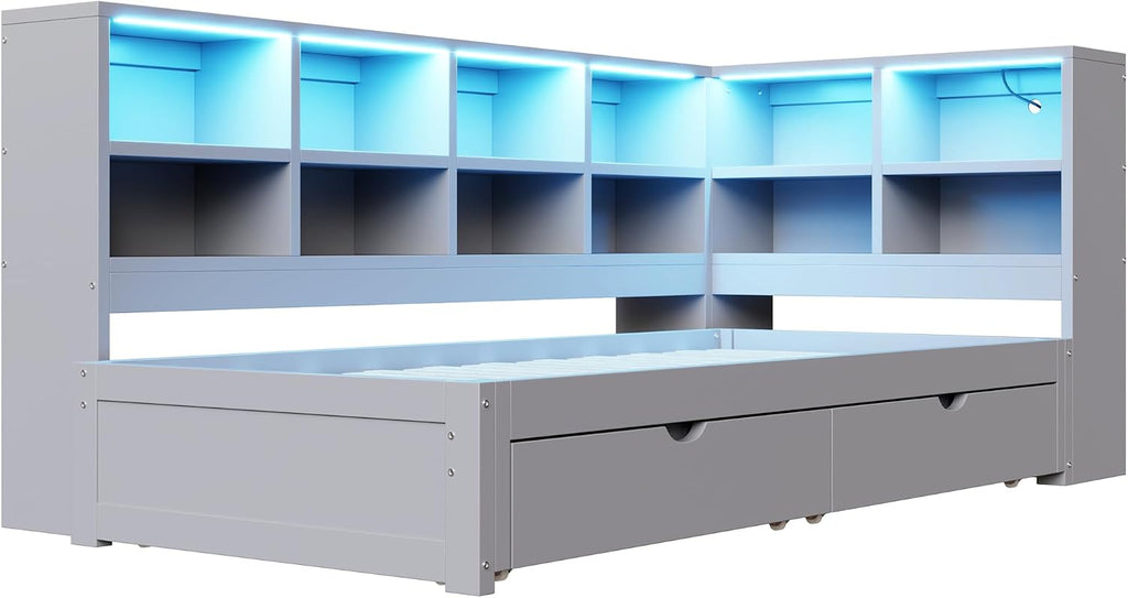 Wood Daybed Twin XL to King Size with 2 Storage Drawers and L-shaped Storage Cabinets, L-Shaped Corner Platform Bed Frame with LED Light and USB Ports for Office Living Room Bedroom (Gray-2.14)