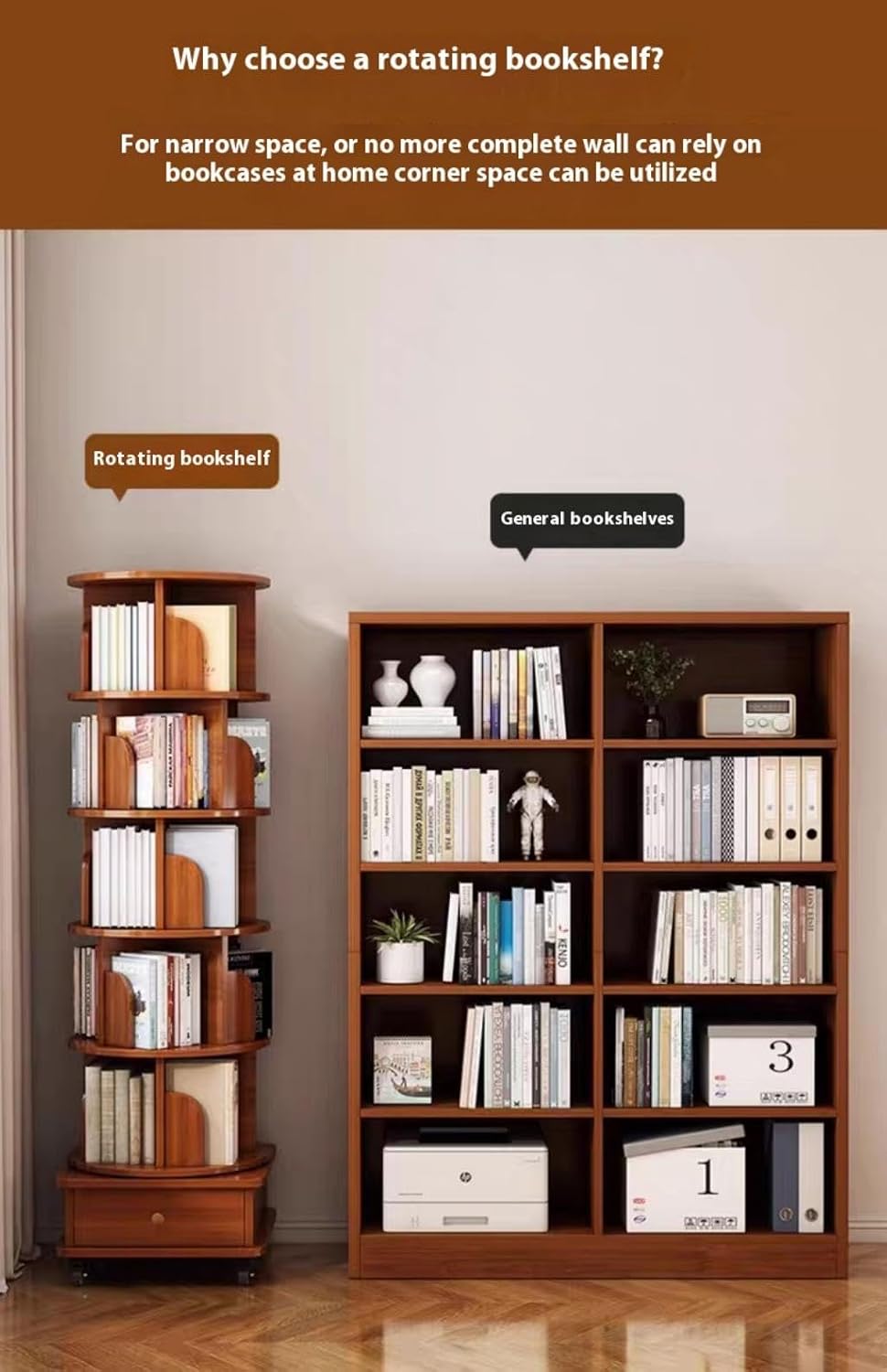 KEIKI 6 Tie Rotating Bookshelf with Drawers On Wheel, Corner Bookcase Display Shelf, 360 Display Corner Bookshelf for Bedroom, Living Room, Study Room, Walnut Brown