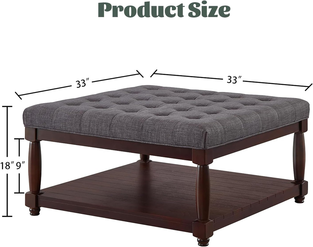 Ottoman Coffee Table, Upholstered Square Coffee Table with Storage Solid Wood Shelf, Linen Large Footrest Ottoman Pouf for Living Room, Dark Gray