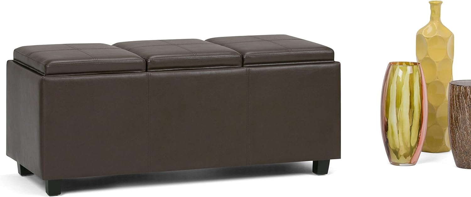 SIMPLIHOME Avalon Storage Ottoman - 42 inch Wide Upholstered Vegan Leather Rectangular Flip-Top Ottoman in Chocolate Brown, Contemporary Coffee Table Ottoman for Living Room with Hidden Storage