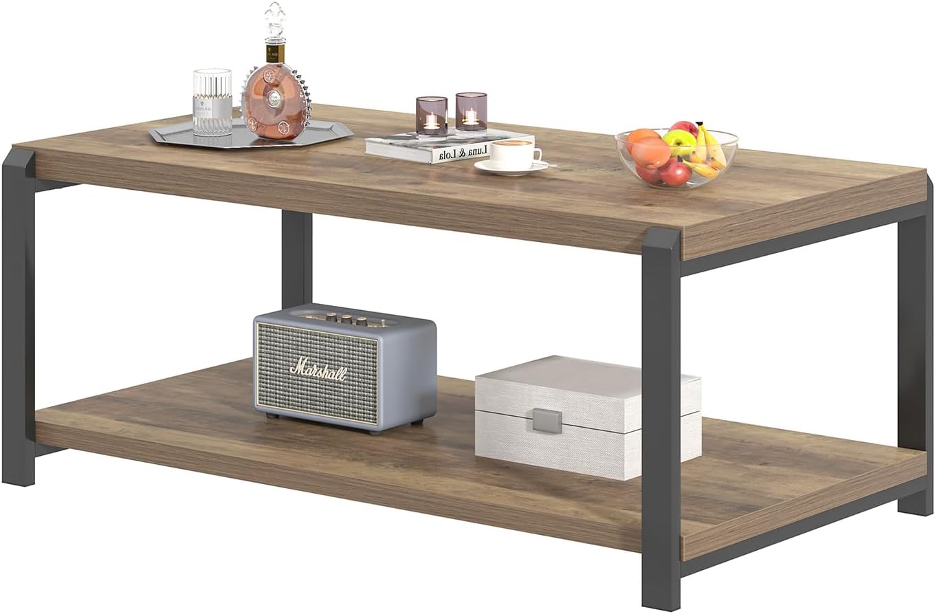 EXCEFUR Modern Coffee Table, Rustic Wood and Metal Center Table for Living Room, Industrial Rectangle Cocktail Tea Table with Storage, Oak