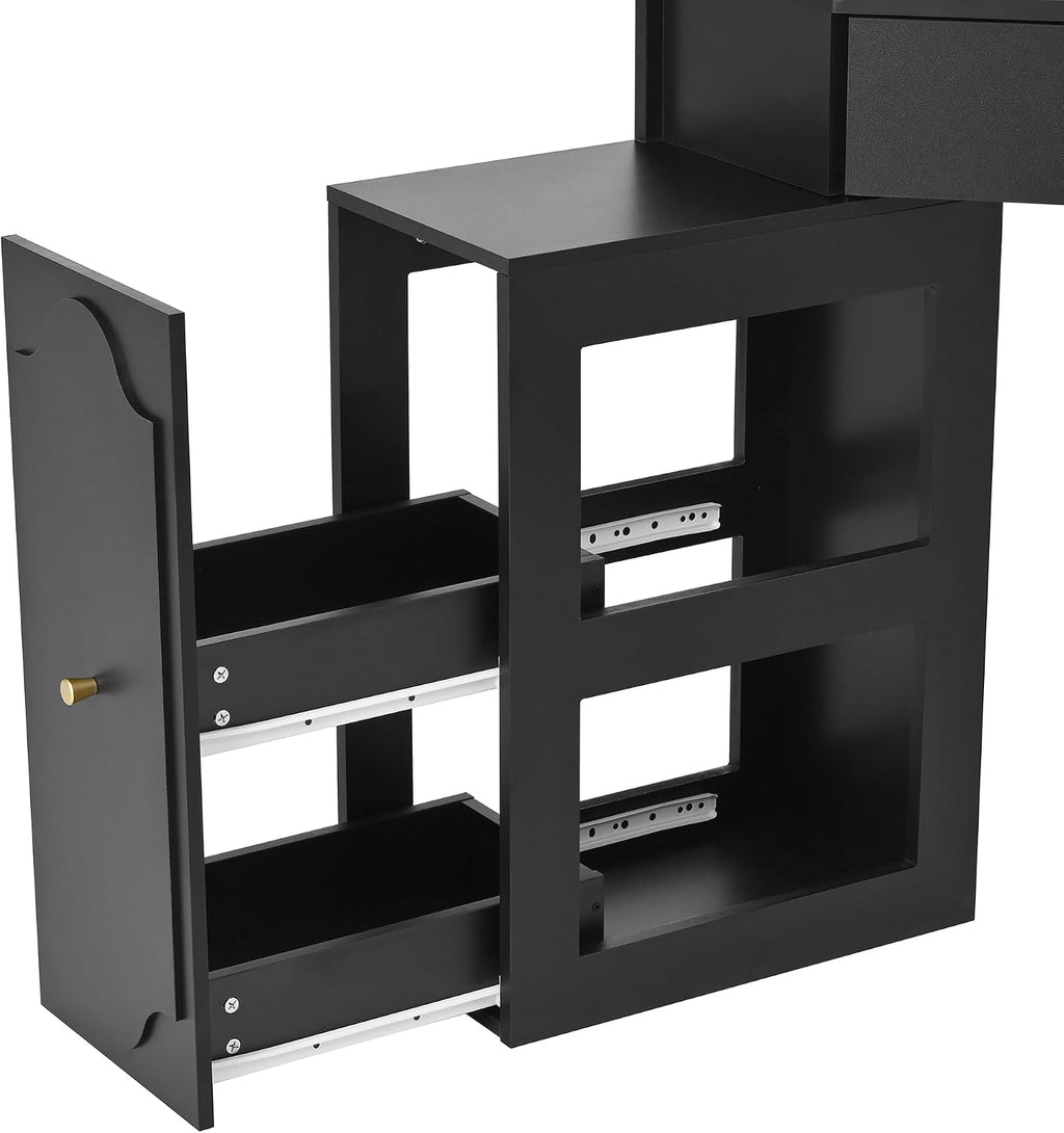 Corner Vanity Desk, Modern Makeup Vanity with 1 Drawers & Storage Stool Bedroom, with Adjustable Cabinet Open Shelves Drawer for Women (Black-1)