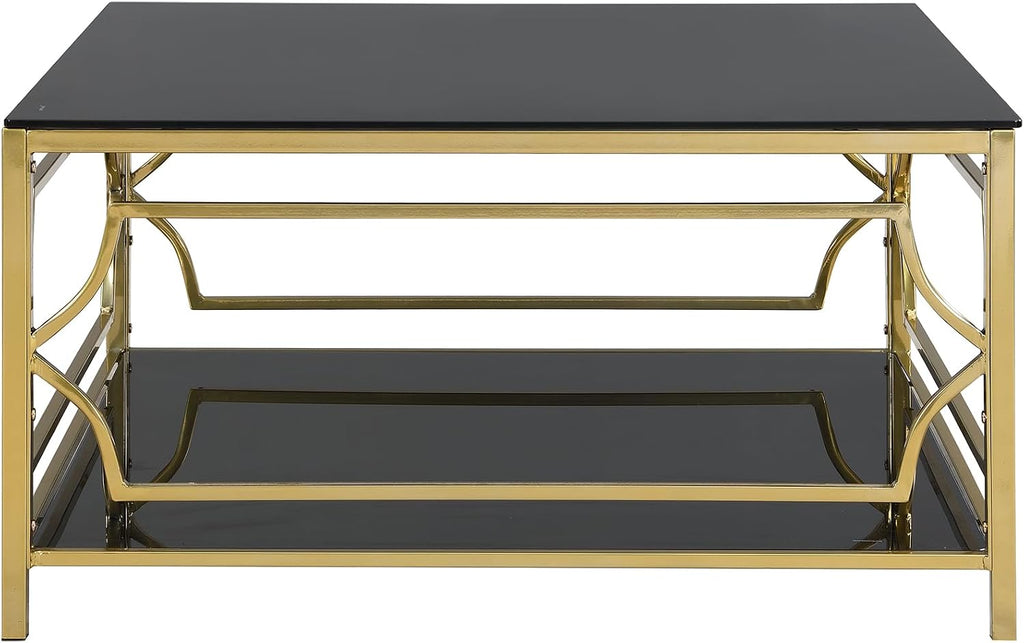 Merax 33.5' Square Glass Coffee Table, Luxurious Geometric Metal Frame, Gold Finish & Lower Shelf, for Living Room Apartment, Black