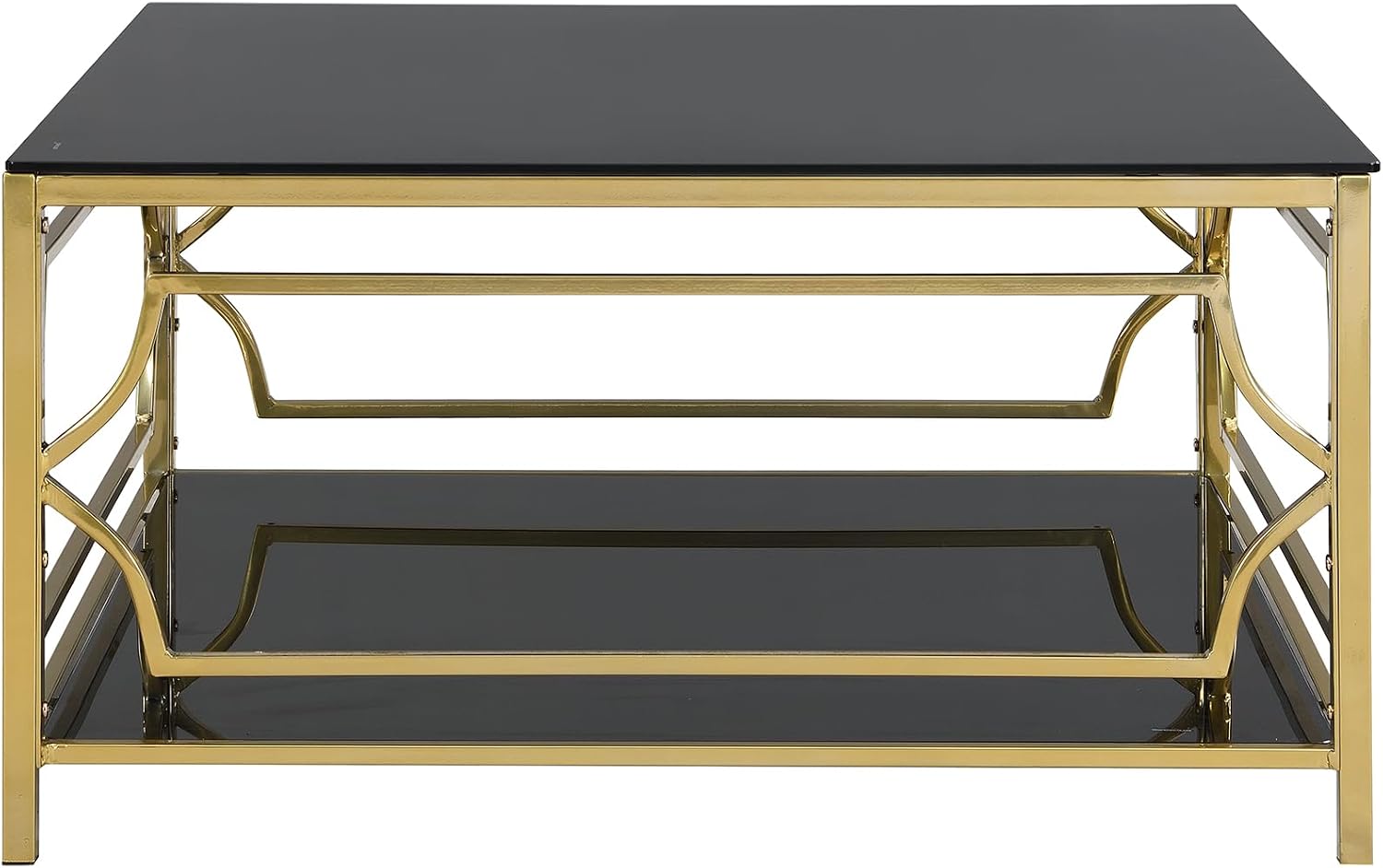 Merax 33.5' Square Glass Coffee Table, Luxurious Geometric Metal Frame, Gold Finish & Lower Shelf, for Living Room Apartment, Black