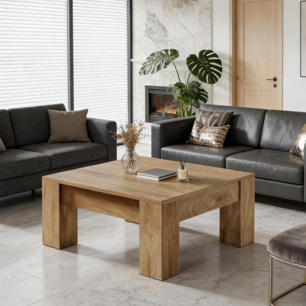 39.4' Square Coffee Table, Farmhouse Coffee Table with Sturdy Base, Mid-Century Modern MDF Accent Center Tea Tables for Living Room Apartment, Easy Assembly