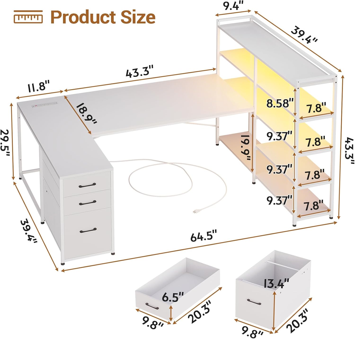 SEDETA L Shaped Office Desk with Drawers, 64.5' Reversible Computer Desk with Storage Shelves and Power Outlet, Corner Gaming Desk with LED Strip for Home Office, White