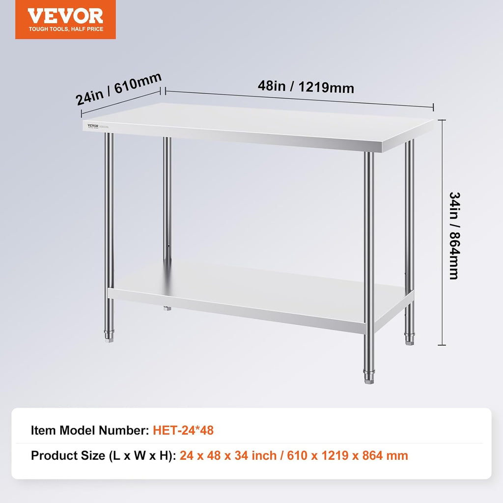 VEVOR Stainless Steel Prep Table, 24 x 48 x 34 Inch, 800 lbs Load Capacity, Heavy Duty Metal Worktable with 3 Adjustable Height Levels, Commercial Workstation for Kitchen Garage Restaurant Backyard