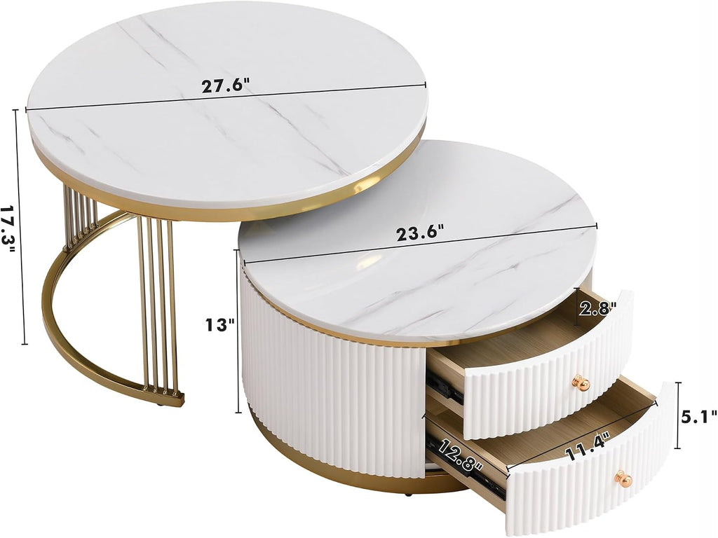 Modern 2 Pieces White Round Nesting Coffee Table with Drawers in 27.6''