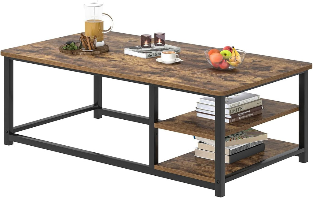 EXCEFUR Modern Coffee Table, Rustic Wood and Metal Living Room Table with Storage Shelf, Industrial Brown, 47 Inch