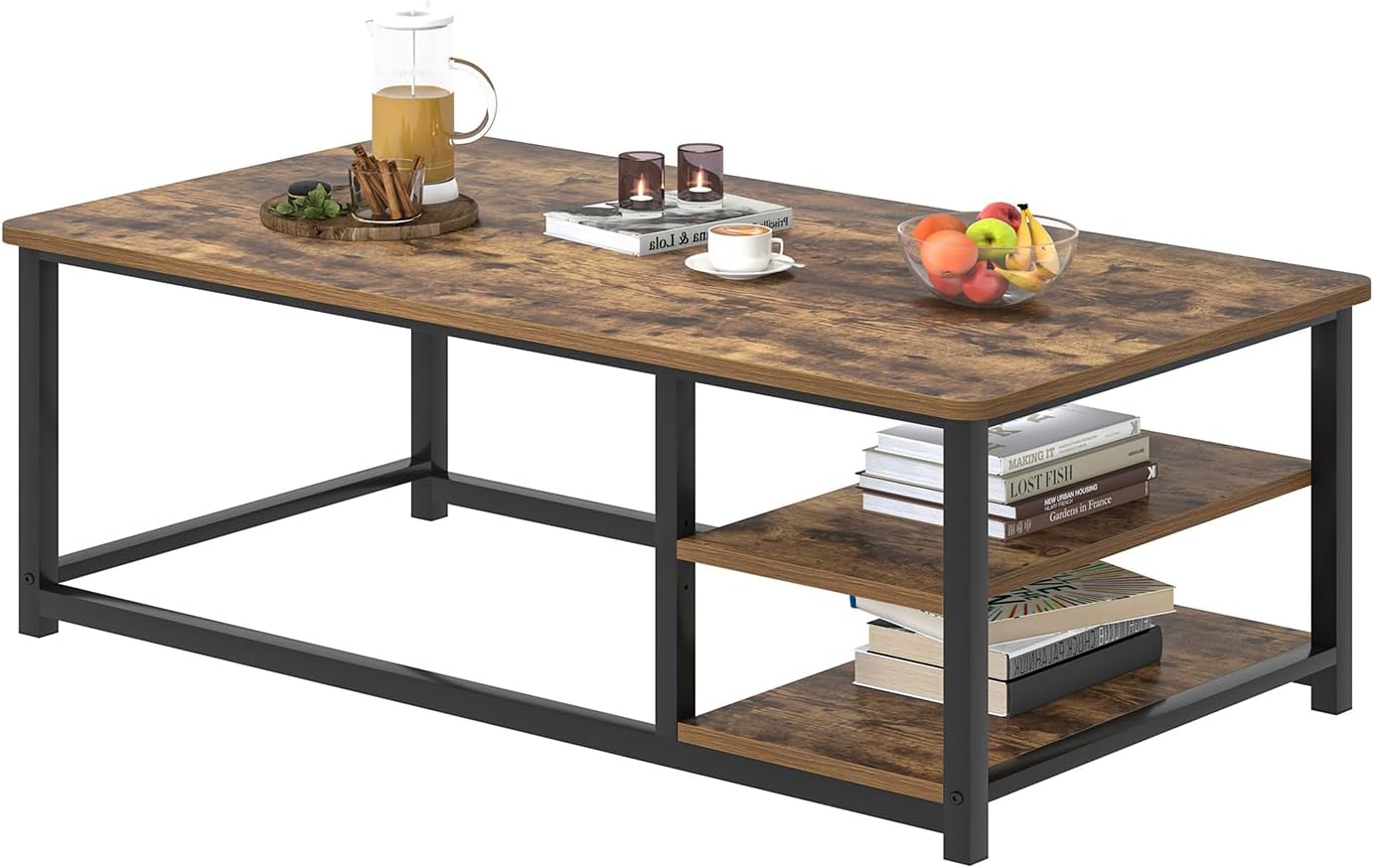 EXCEFUR Modern Coffee Table, Rustic Wood and Metal Living Room Table with Storage Shelf, Industrial Brown, 47 Inch