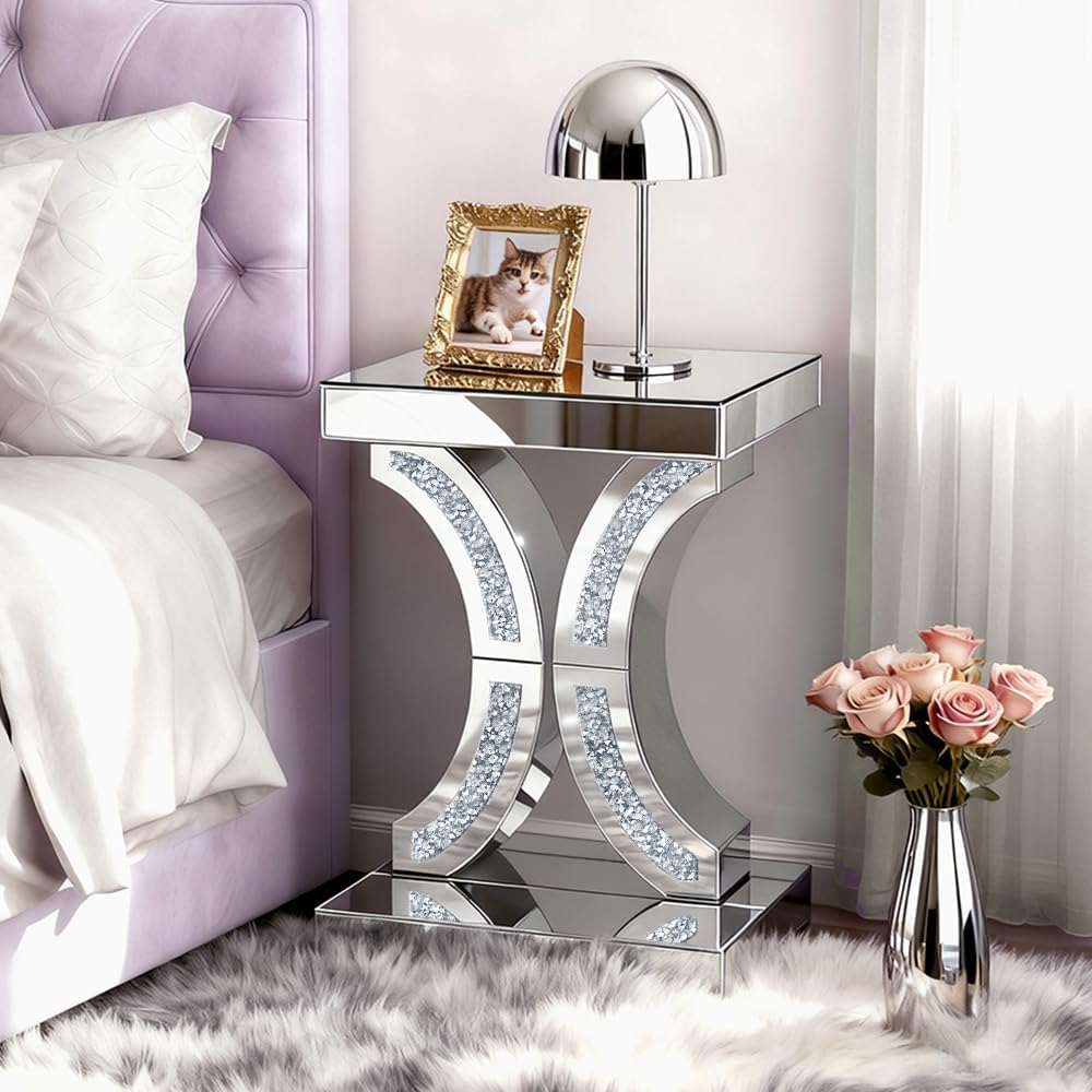 Crushed Diamond C-Shaped Mirrored End Table, Silver Side Accent Table, Small Mirrored Coffee Table for Living Room, Bedroom, 16'x12'x23'