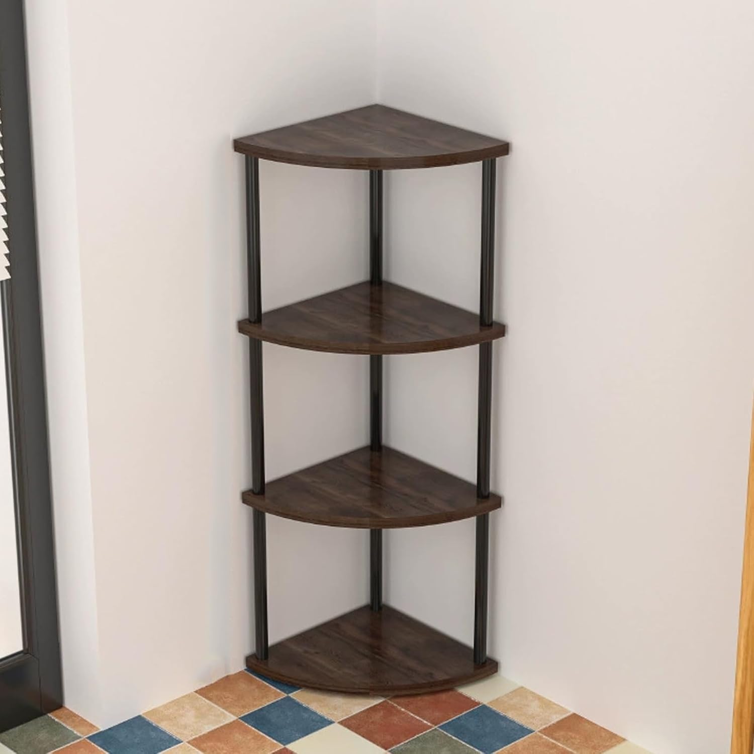 Small Corner Shelf, 3-5Tier Wall Corner Bookshelf, Free Standing Corner Bookshelf, Stylish Display Shelf for Small Space, Living Room, Bedroom(Black,4nd Floor)