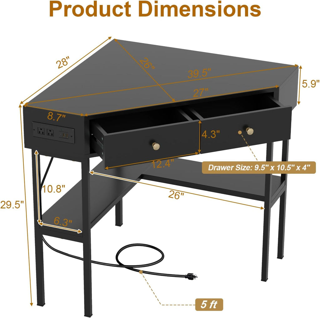 POWERSTONE Corner Desk with Charging Station & 2 Drawers, Space-Saving Makeup Vanity Triangle Computer Desk Workstation with Storage Shelves for Bedroom, Study Black