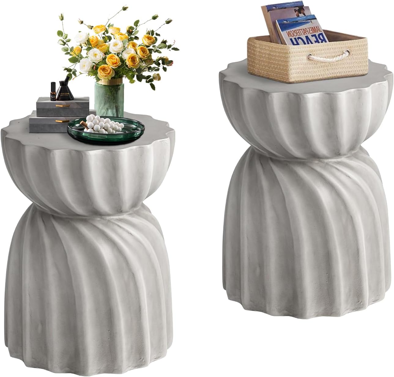 COSIEST Outdoor Side Table,2 Pieces Concrete Contemporary Lightweight Side Table,Patio End Accent Table, Modern Table for Livingroom,Garden,Patio,Grey