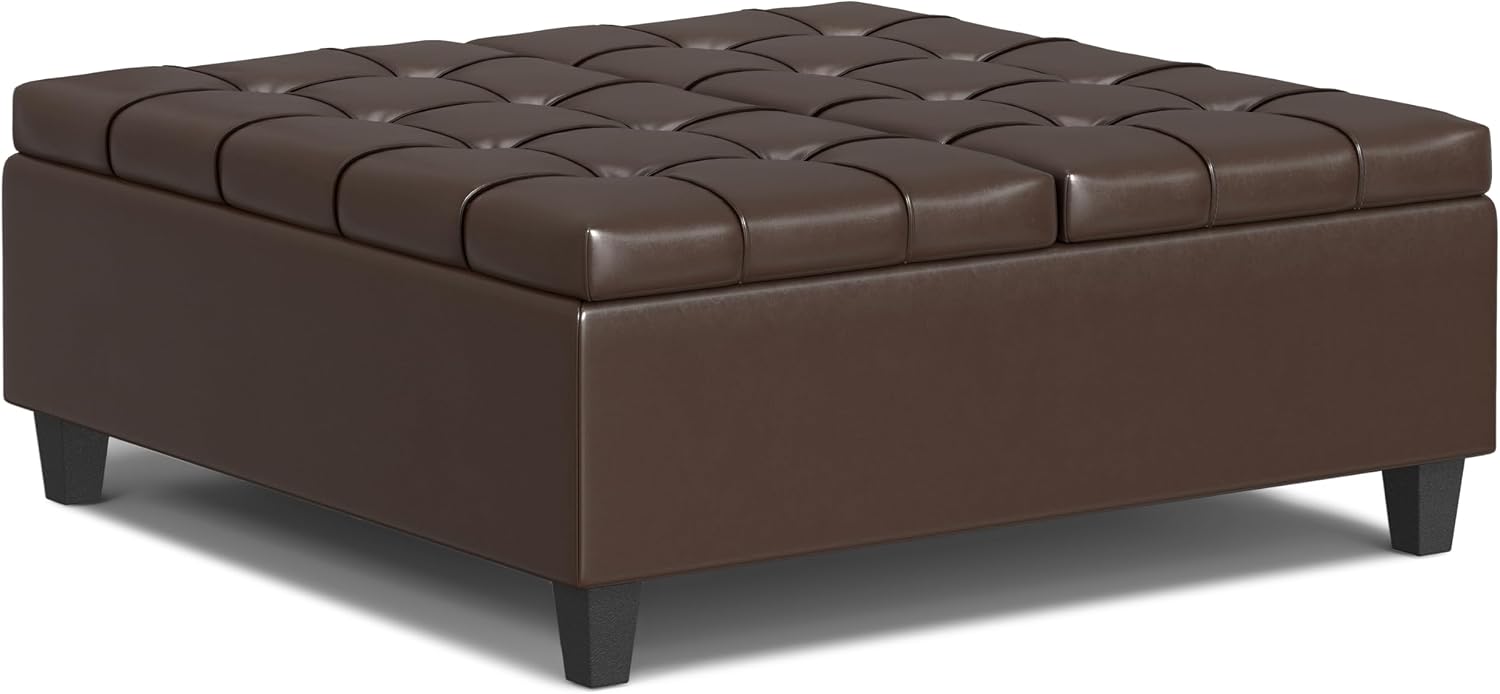 SIMPLIHOME Harrison Large Coffee Table Storage Ottoman - 40 inch Wide Upholstered Vegan Leather Square Lift-Top Ottoman in Chocolate Brown, Transitional Bench for Living Room with Sturdy Base
