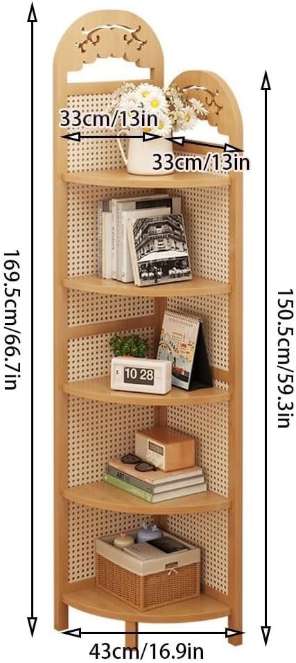 5 Tier Rattan Corner Shelf, Standing Shelf Organizer, Freestanding Corner Bookshelf, Bamboo Plant Stand, Balcony Decorations for Apartment, Wall Corner, Living Room, Bedroom(Natural)