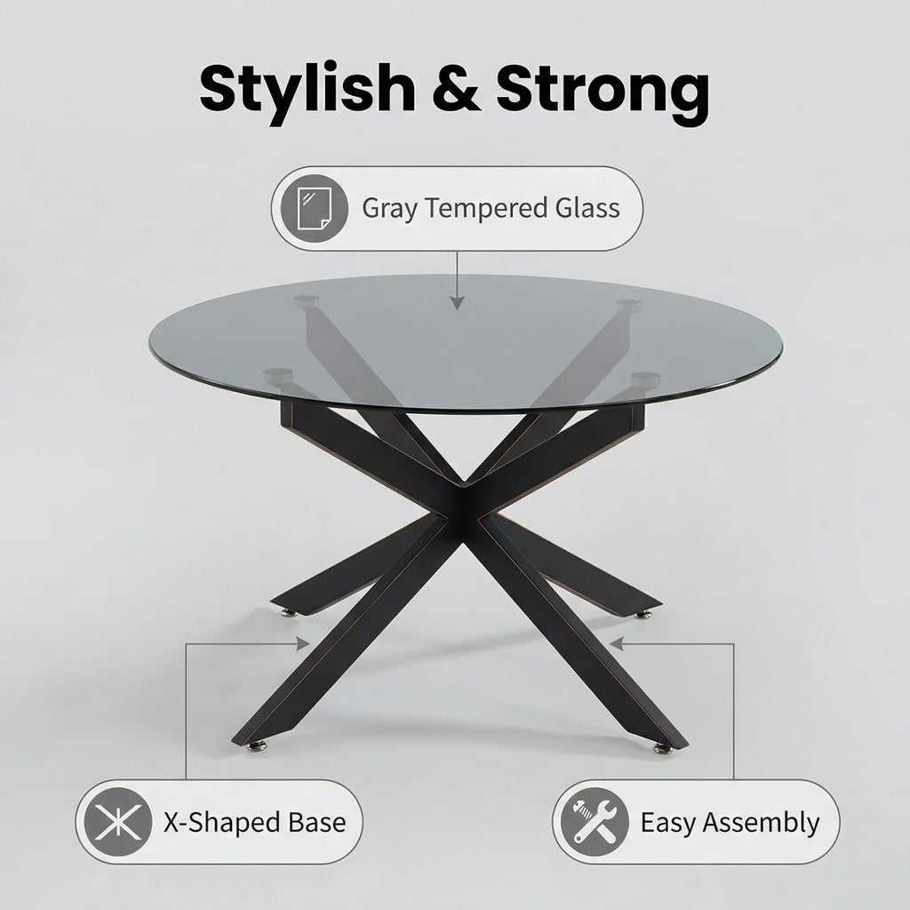 Black Round Glass Coffee Table for Living Room, Home Office, Modern & Simple Center Table with Gray Tempered Glass Top, 35.5' Wx19.7 H
