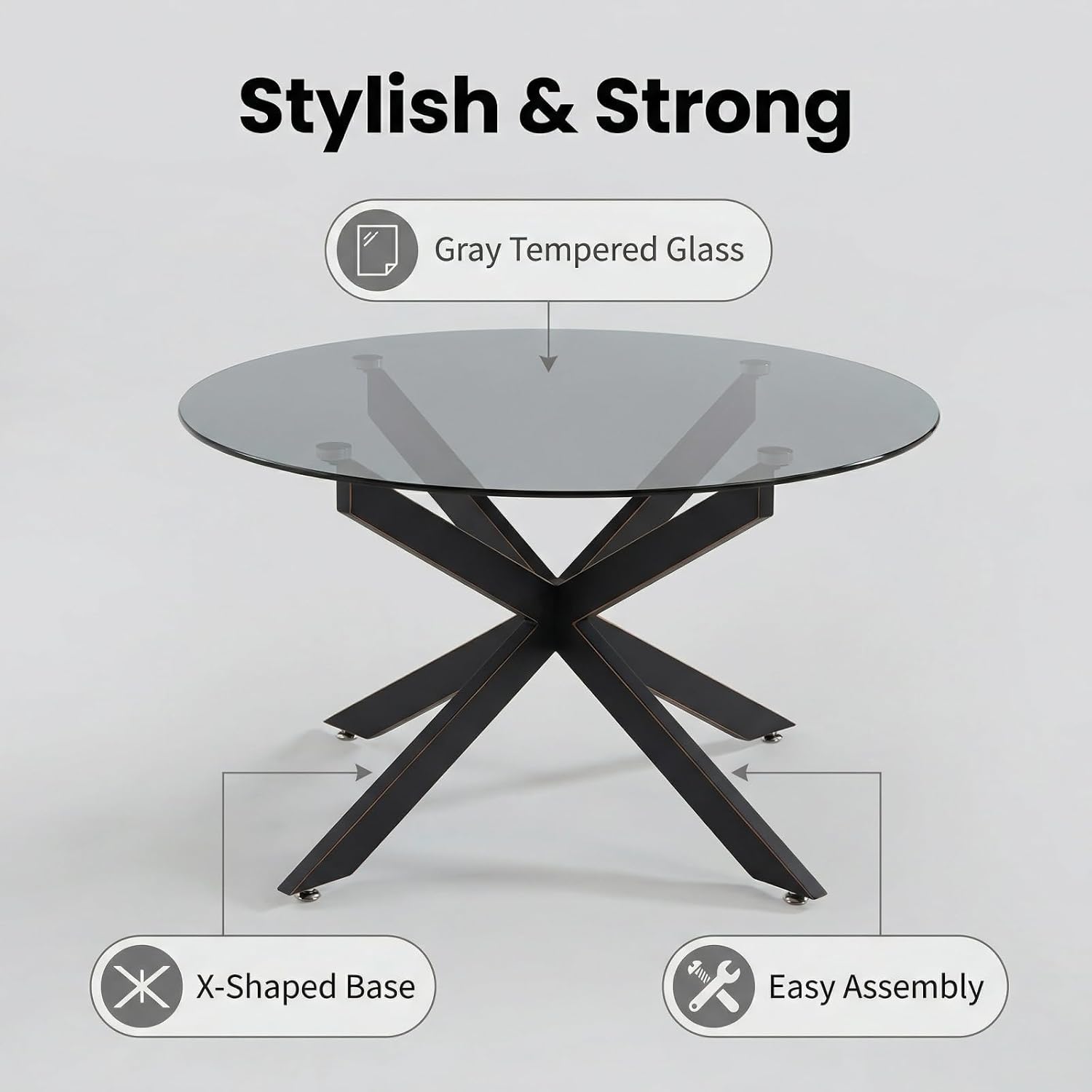 Black Round Glass Coffee Table for Living Room, Home Office, Modern & Simple Center Table with Gray Tempered Glass Top, 35.5' Wx19.7 H