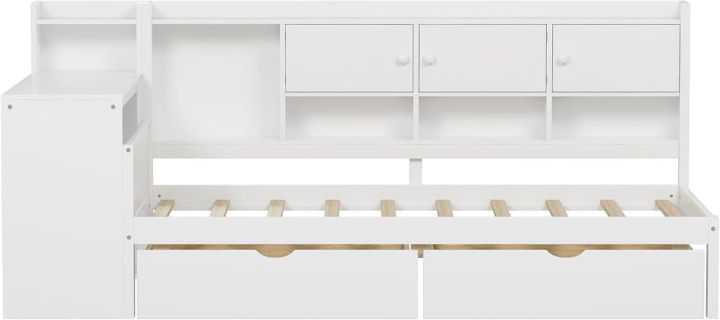 RuiSiSi Twin Size Daybed with Drawers and Shelves, Wood Corner Bed with Bookcase and Desk, L-Shape Daybed Frame with Desk for Kids Teens Adults, White