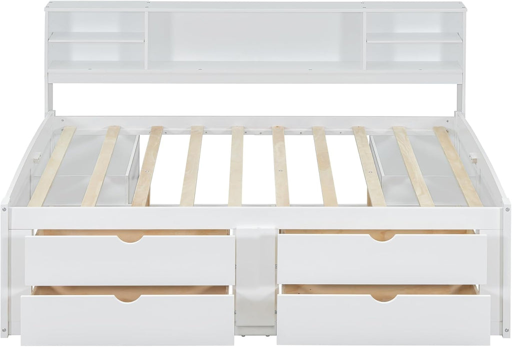 SOFTSEA Full Size Daybed with Storage Drawers, Wood Corner Bed Full with Bookcase Headboard, Wooden Captains Bed with Storage Cabinets for Kids Teens Adults, White