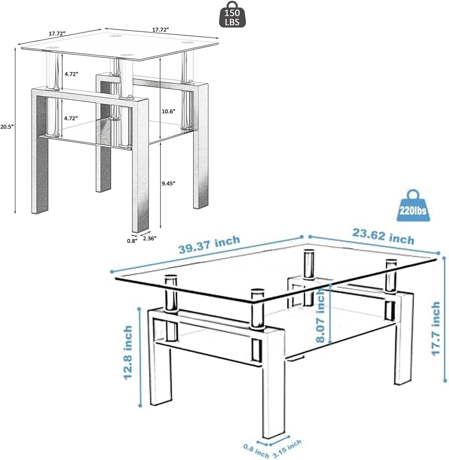 Living Room Tables Set,3 Piece Glass Coffee Table and End Tables Set for Living Room, Coffee Table Set with Tempered Glass Tabletop and Metal Frame for Apartment, Small Space, Black
