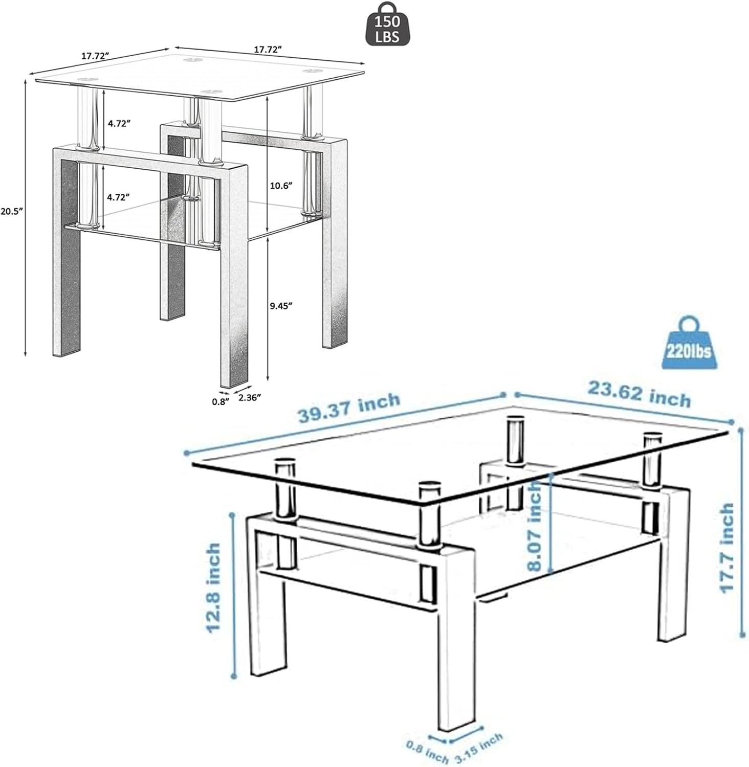 Living Room Tables Set,3 Piece Glass Coffee Table and End Tables Set for Living Room, Coffee Table Set with Tempered Glass Tabletop and Metal Frame for Apartment, Small Space, White