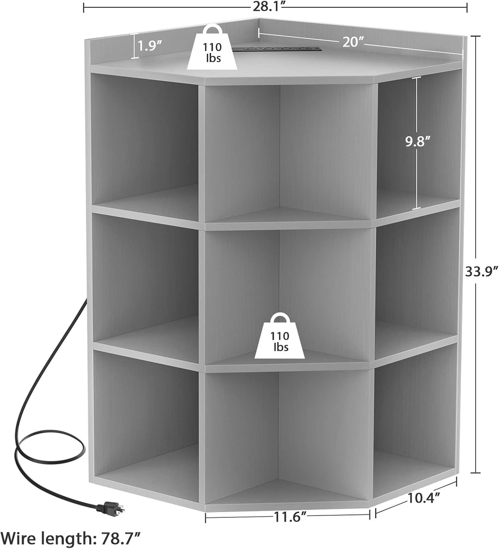 Aheaplus Corner Cabinet, Corner Storage with USB Ports and Outlets, Corners Cube Toy Storage for Small Space, Wooden Corners Cubby Bookshelf with 9 Cubes for Playroom, Bedroom, Living Room, Grey