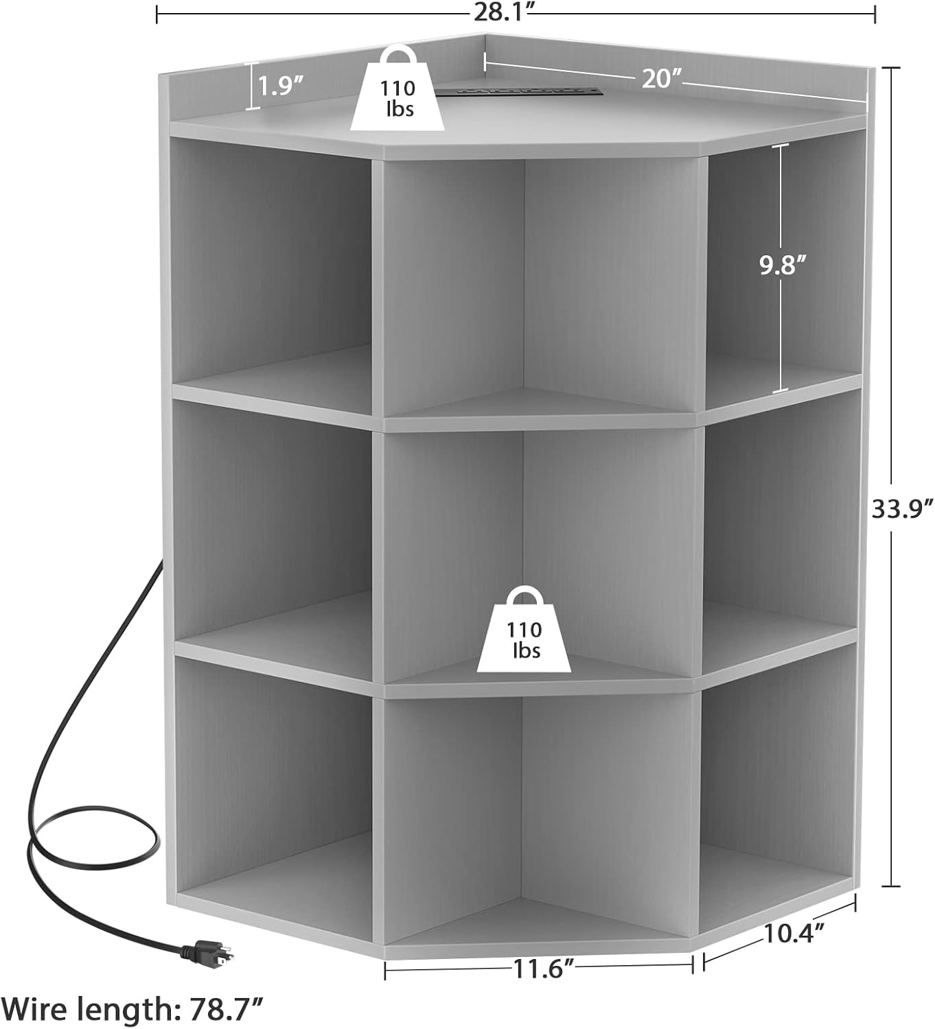 Aheaplus Corner Cabinet, Corner Storage with USB Ports and Outlets, Corners Cube Toy Storage for Small Space, Wooden Corners Cubby Bookshelf with 9 Cubes for Playroom, Bedroom, Living Room, Grey