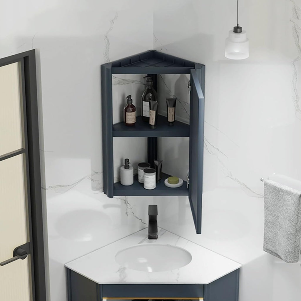 Bathroom Mirror Cabinet, Corner Vanity Mirror for Small Space, Wall Mounted Bathroom Storage Cabinet with Mirror, Aluminum Alloy Construction IP54 Waterproof (Color : Blue)