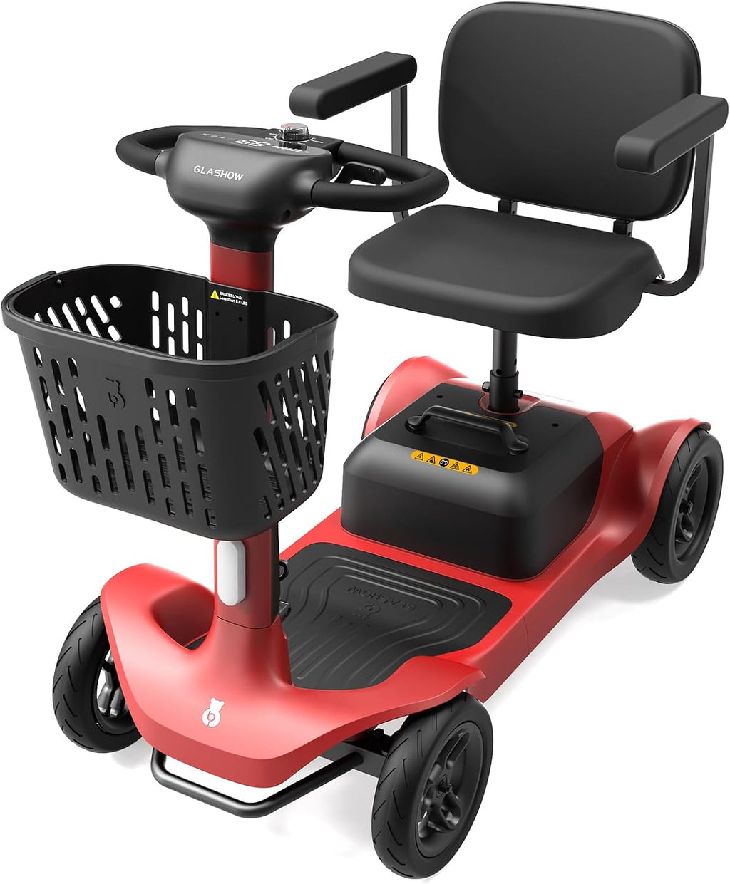 Glashow S1 Folding 4-Wheel Mobility Scooter for Seniors – 25-Mile Range, 6.2 mph, All-Terrain Electric Scooter with Adjustable Swivel Seat, 265 lb Capacity, Removable 24V 20Ah Battery – Red