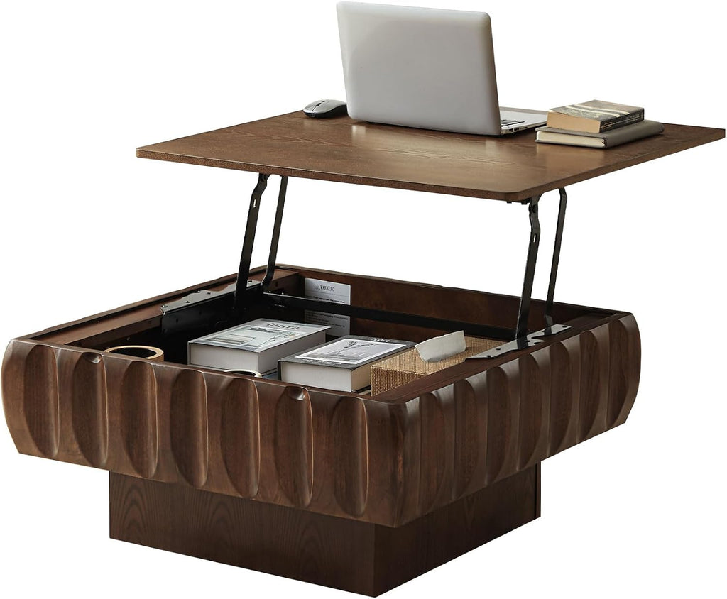 LKTART 31' Lift Top Coffee Table for Living Room, Fluted Coffee Table with Hidden Storage Compartment, Mid Century Modern Solid Wood Veneer Square Center Table for Office Apartment Small Space, Walnut