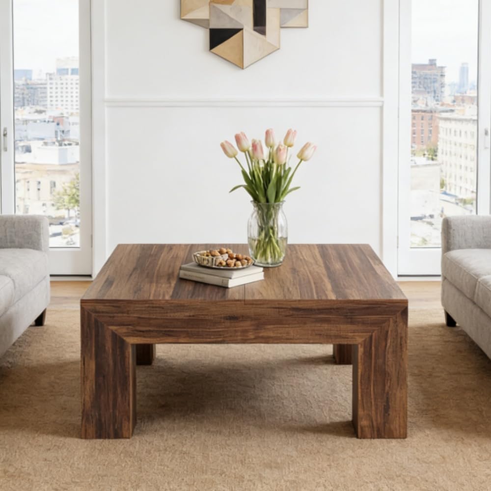 SSLine Wooden Coffee Table 39.4-Inch Square Coffee Table for Living Room,Farmhouse MDF Wood Cocktail Center Tables with Thicken Top and Sturdy Legs,Rustic Walnut