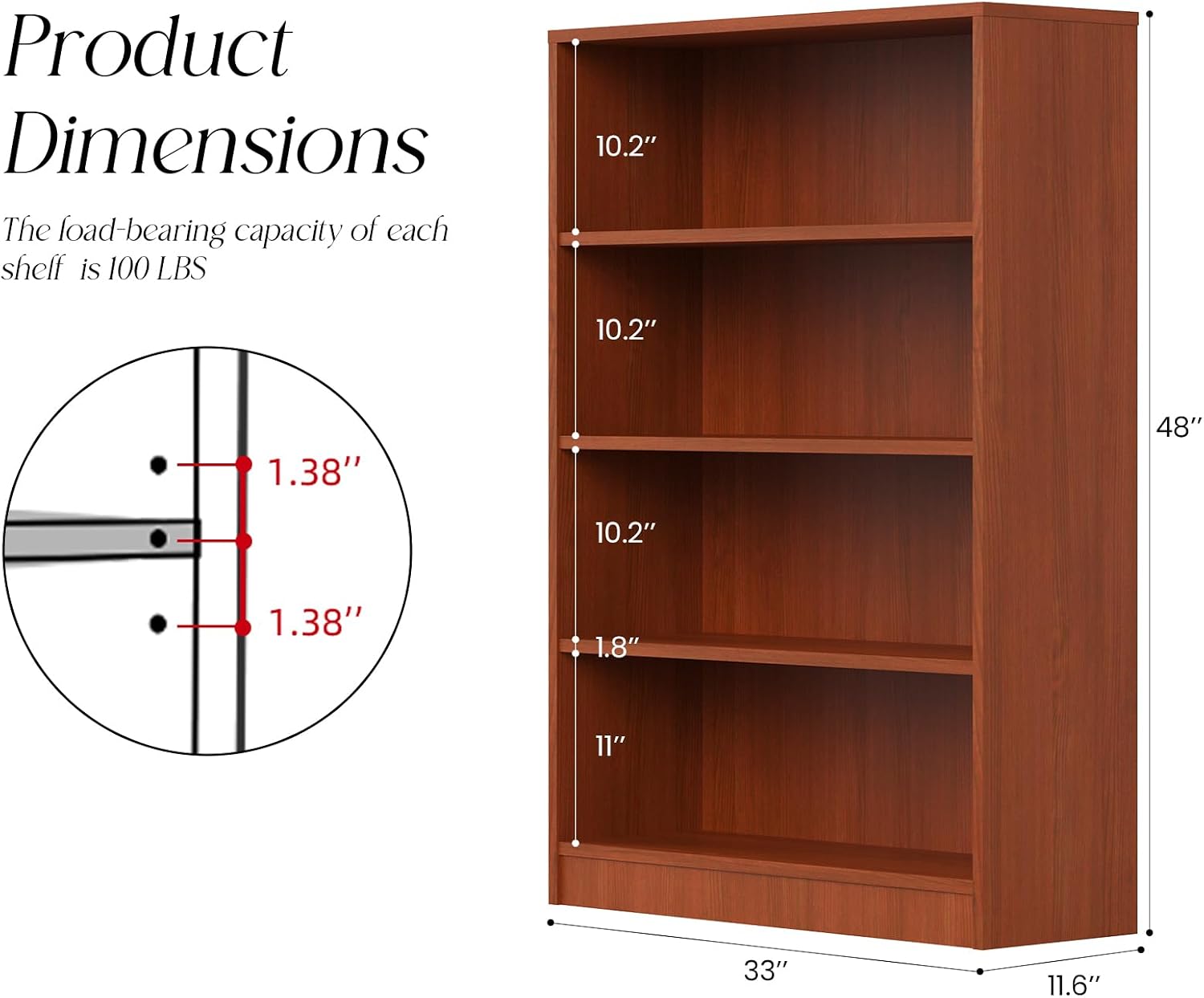 Farini 48 Inch Tall 4-Shelf Bookcase, Wood Bookshelf Storage Organizer Adjustable Shelf for Home Office, Study Room, Easy Assembly,Cherry