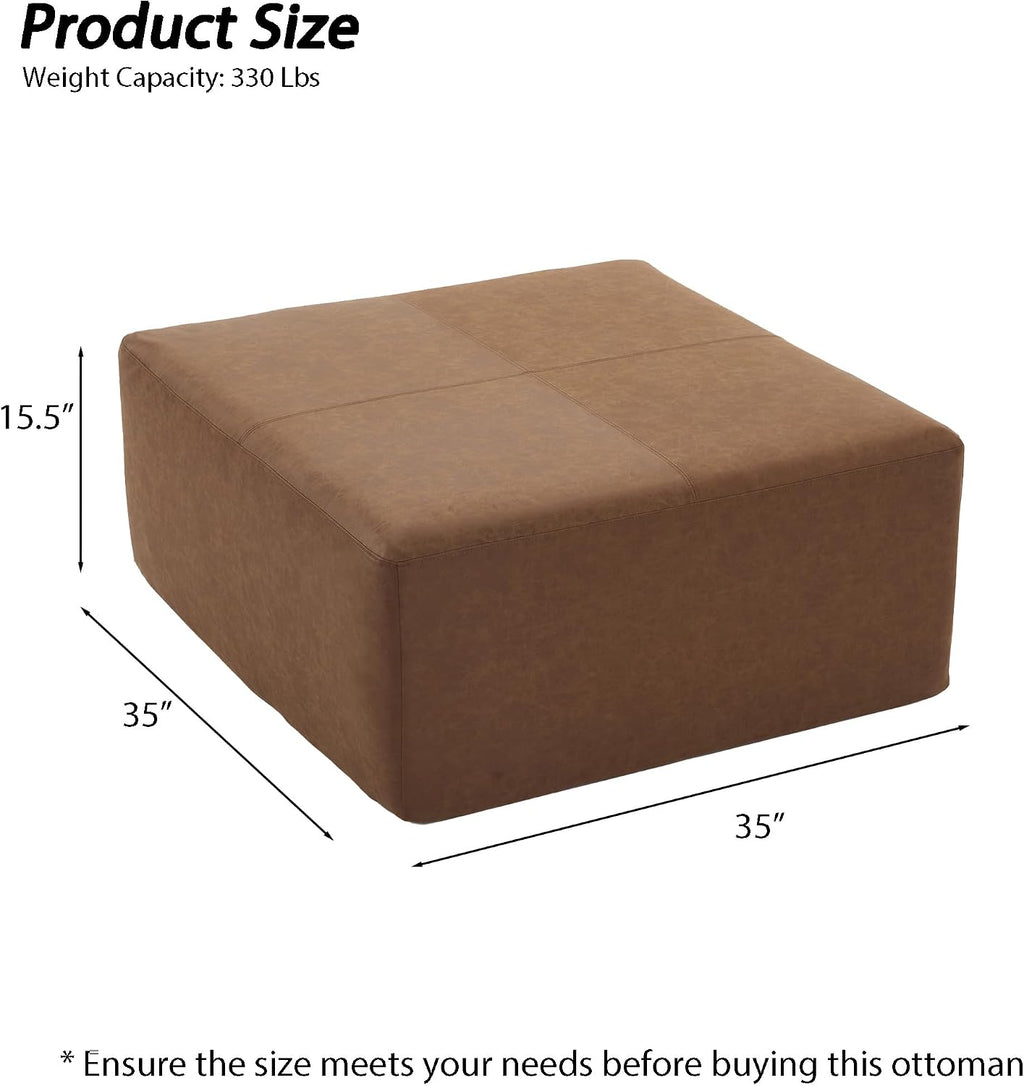 35' Wide Oversized Square Ottoman Coffee Table, Faux Leather Couch Ottoman Large Footstool for Living Room (Brown, Square)