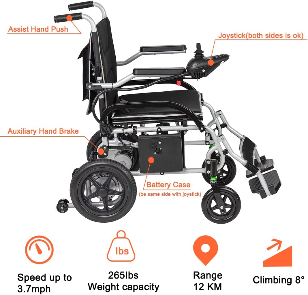 Electric Wheelchair, Lightweight 37.5 lbs,Dual180W Motor Power,10AH Battery,12 Miles Range for Adults, Foldable Lightweight Electric Wheelchairs with Seatbelt, Max Capacity:265 lbs