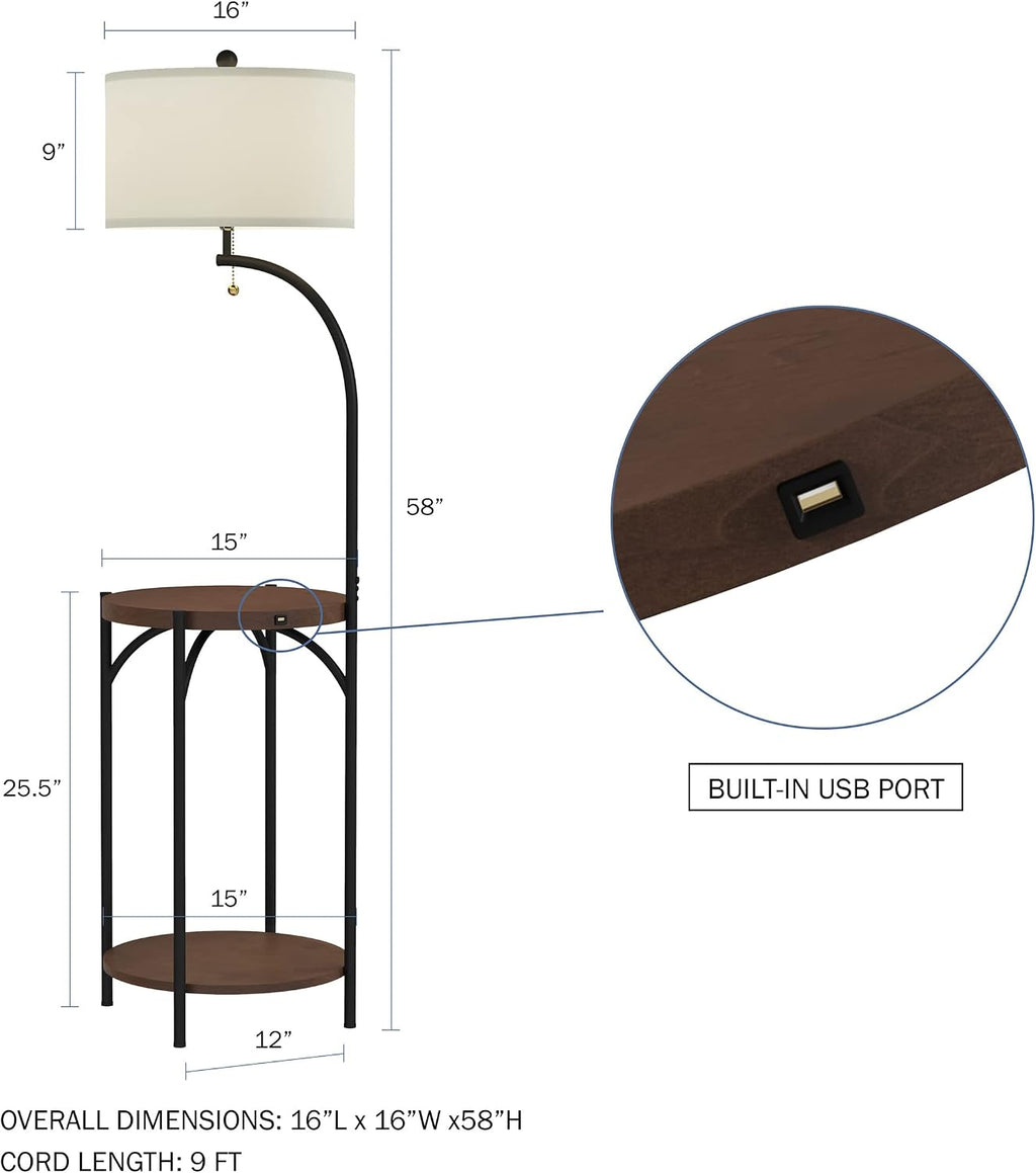 Lavish Home Floor Lamp with End Table - Modern Rustic Side Shelves with USB Charging Port, LED Light Bulb, and Drum-Shaped Shade - Standing Lights