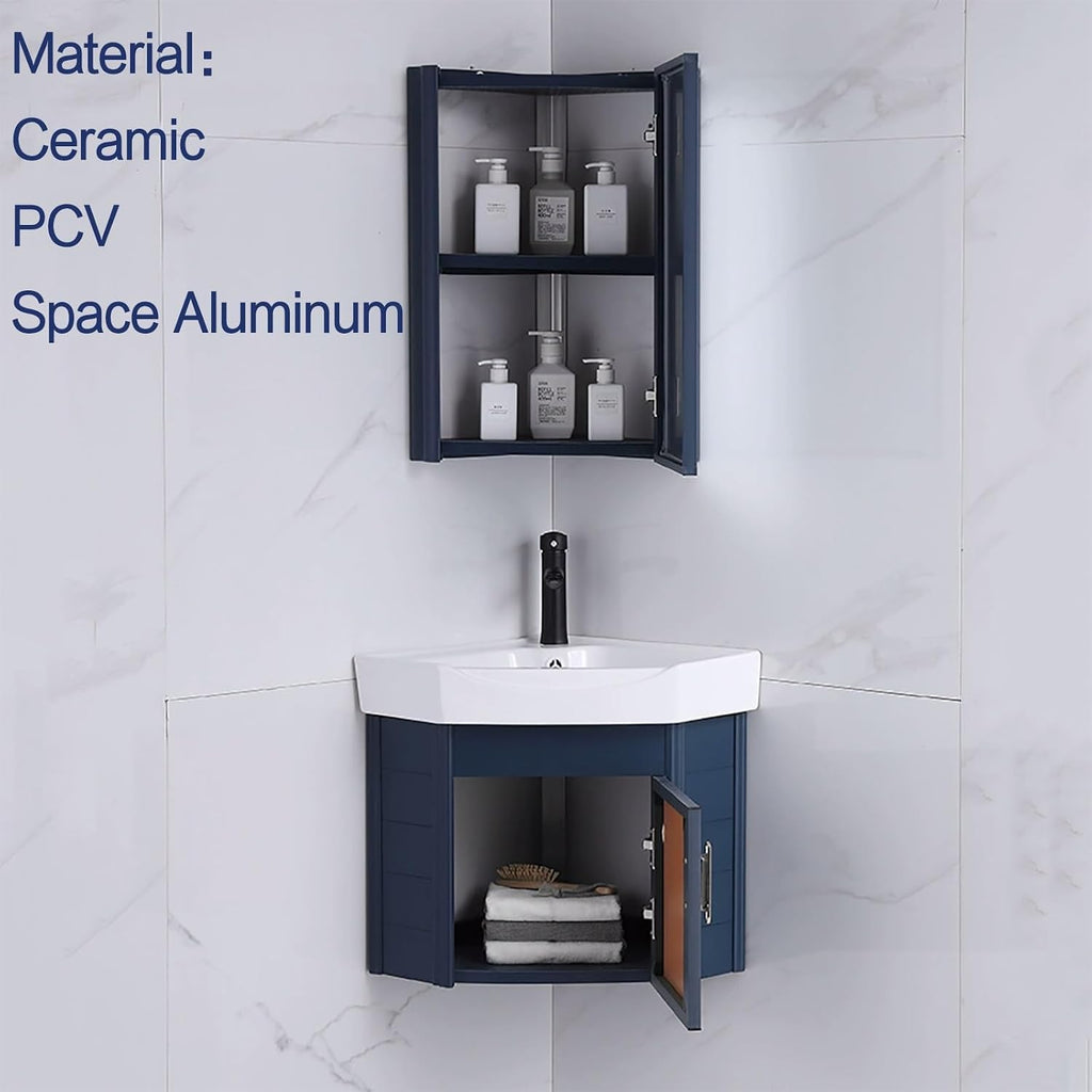 Corner Ceramic Sink Bathroom Vanity Cabinet Corner Wall Mount Bathroom Sink Wall Mounted Bathroom Sink Bathroom Sink with Storage Container Cabinet with Mirror(Gray,16.5in/42cm)