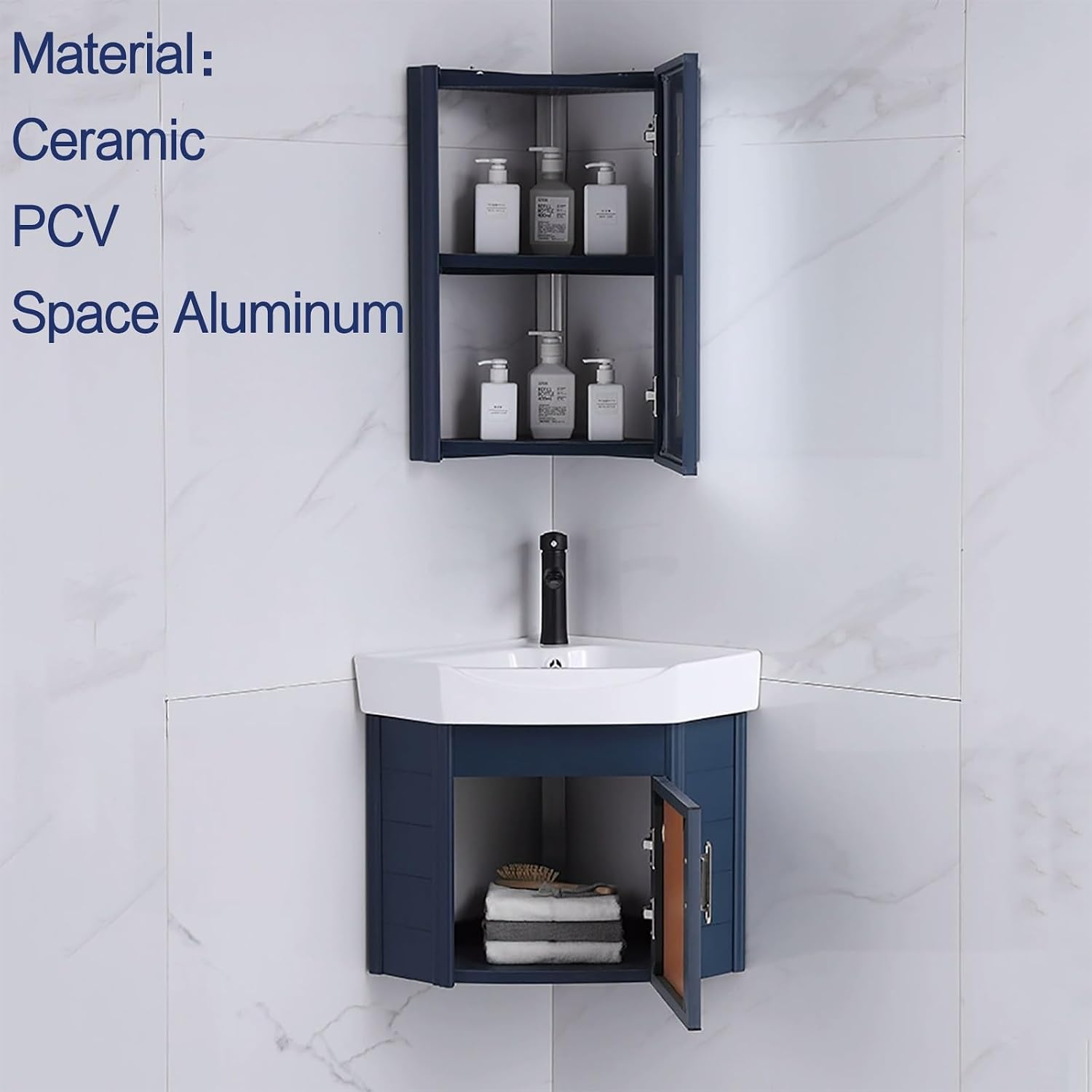 Corner Ceramic Sink Bathroom Vanity Cabinet Corner Wall Mount Bathroom Sink Wall Mounted Bathroom Sink Bathroom Sink with Storage Container Cabinet with Mirror(Blue,15in/38cm)