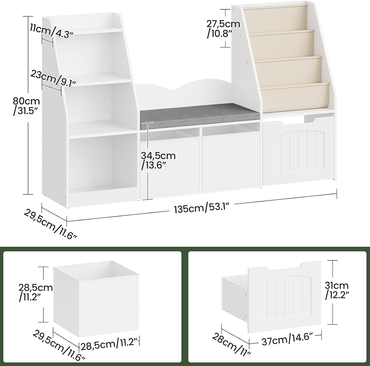 CHOEZON 53.1' Kids Bookshelf with Reading Nook, 4-in-1 Children's Bookcase with Soft Bench, Mobile Drawer & Fabric Bins, Storage Shelves, Bookshelf for Kids, White MCW18WB