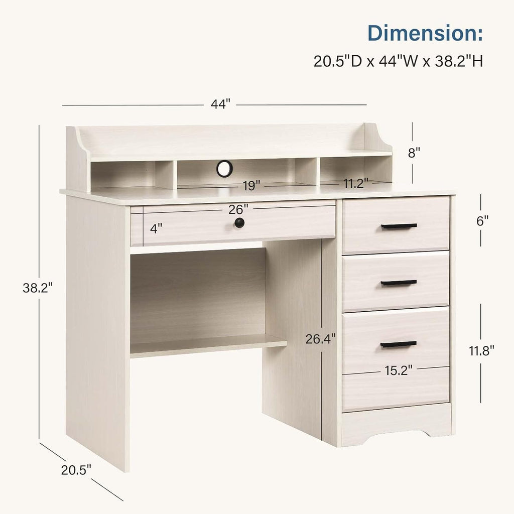 Small Desk with 4 Drawers, Computer Desk with Storage & Monitor Stand for Small Spaces, Office Desk with File Drawer & Shelves for Bedroom, Wood Writing Desk for Home Office, Milky White