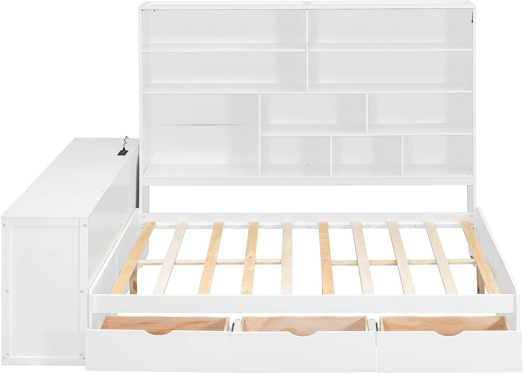 SOFTSEA Full Size Corner Day Bed with Drawers, Desk & Bookcase, Wood L Shaped Daybed with LED Lights and USB Ports for Kids Teens Adults, No Box Spring Needed, White