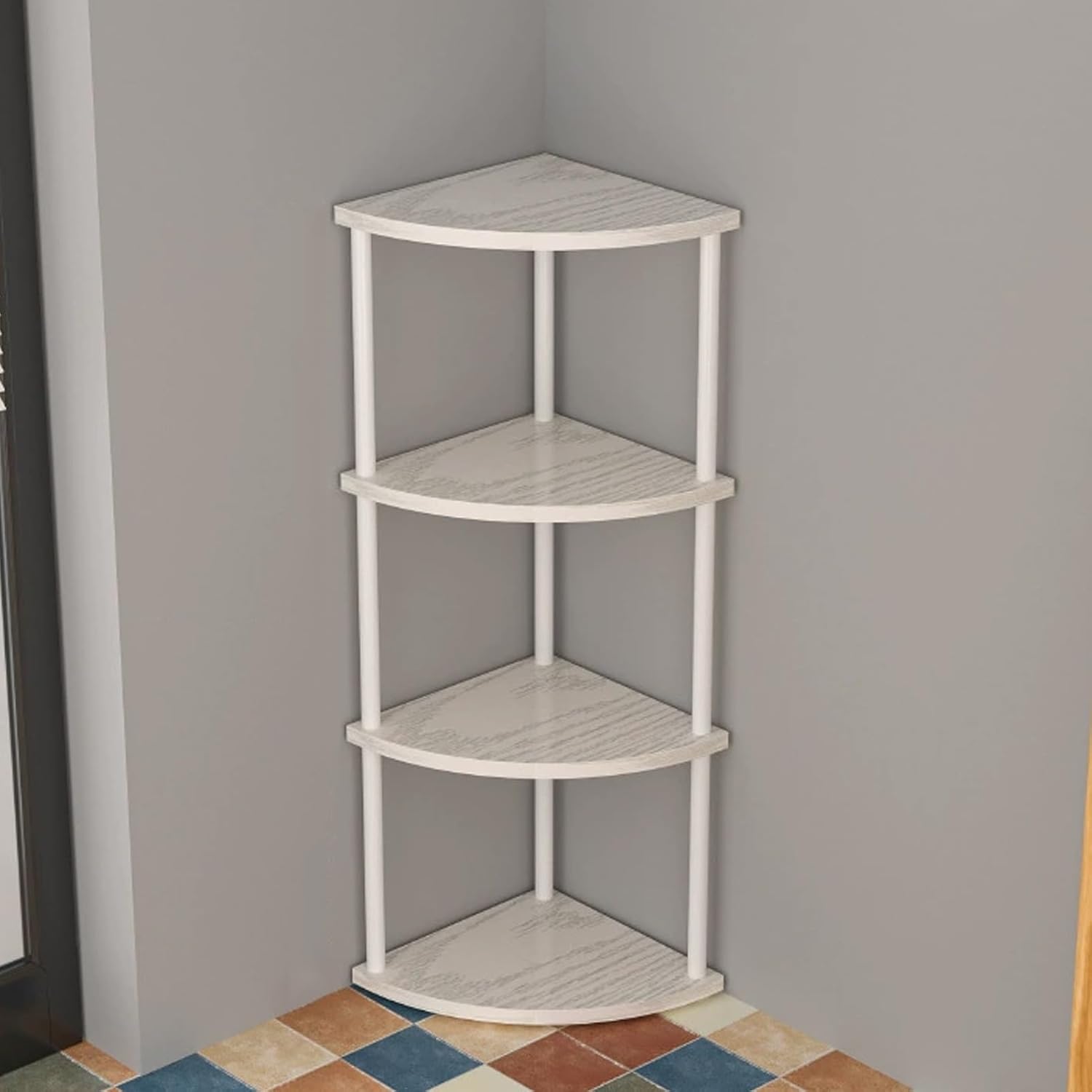 Small Corner Shelf, 3-5Tier Wall Corner Bookshelf, Free Standing Corner Bookshelf, Stylish Display Shelf for Small Space, Living Room, Bedroom(White,4nd Floor)