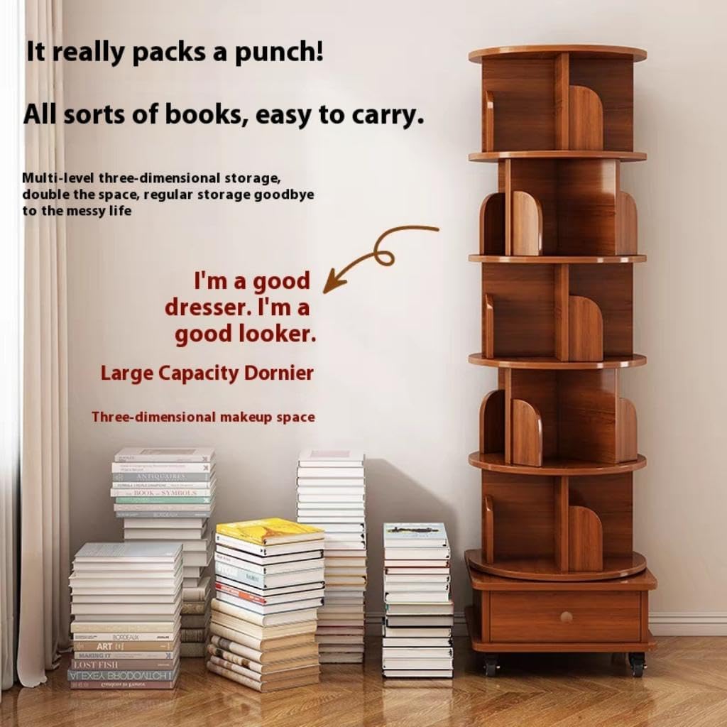KEIKI 6 Tie Rotating Bookshelf with Drawers On Wheel, Corner Bookcase Display Shelf, 360 Display Corner Bookshelf for Bedroom, Living Room, Study Room, Walnut Brown