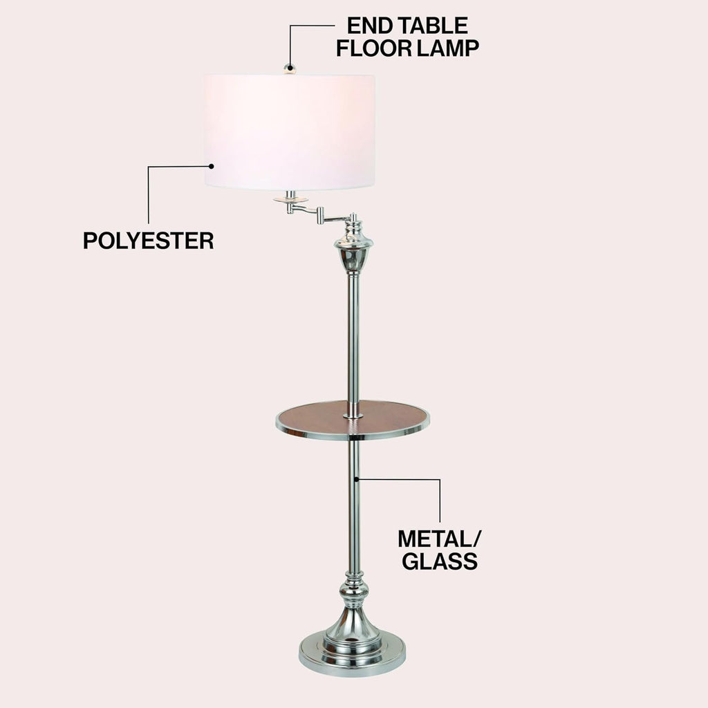 JONATHAN Y 60' Chrome Swing Arm Wood Integrated Side Tray Candlestick Tray Table Floor Lamp Traditional for Living Room Bedroom with White Linen Drum Shade LED Bulb Included JYL3055E