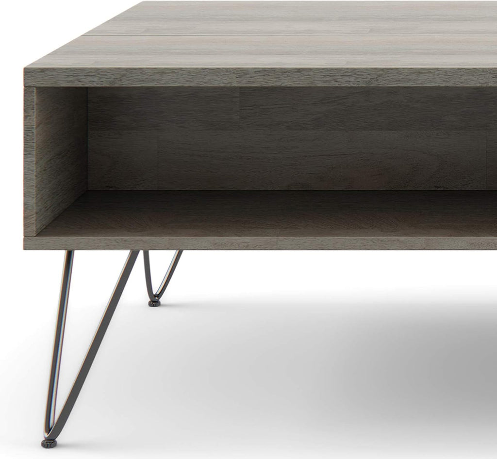 SIMPLIHOME Hunter SOLID MANGO WOOD and Metal 48 inch Wide Rectangle Industrial Lift Top Coffee Table in Grey for the Living Room and Family Room